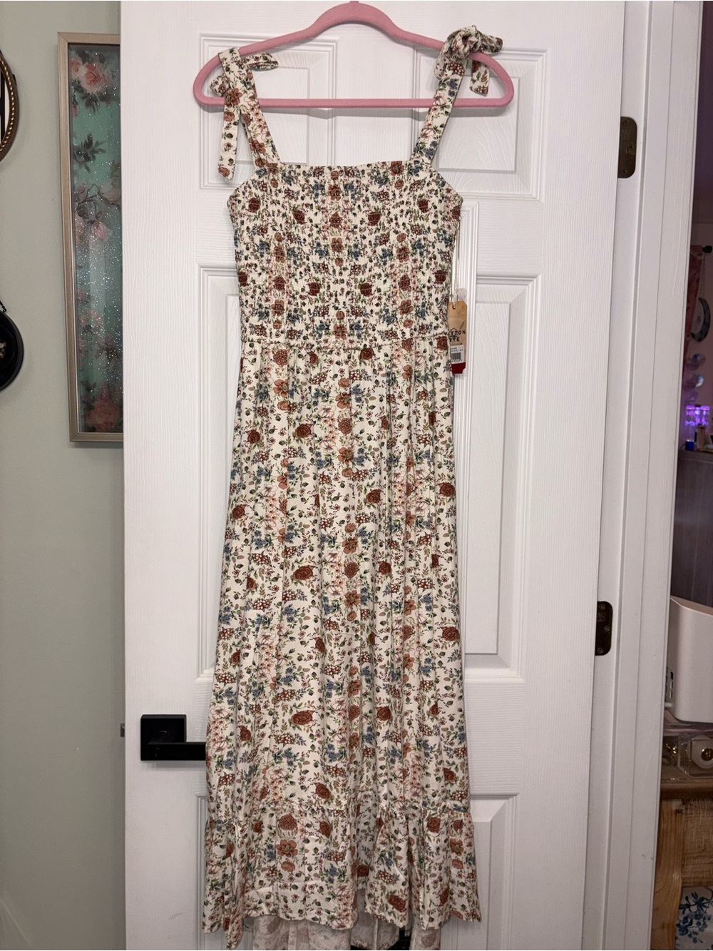 Smocked Tie-Shoulder Floral Maxi Dress - Cream Floral